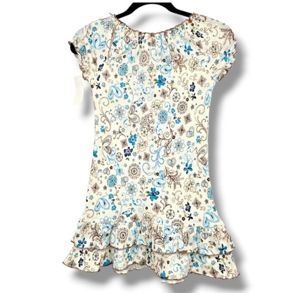Knitworks Girls Cream Blue Brown Floral Ruffle Tiered Short Sleeve Top‎ Large - Picture 2 of 9